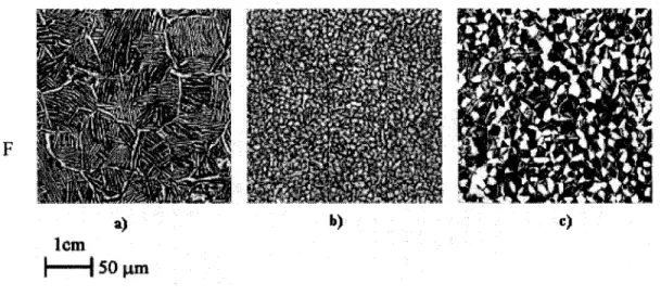Figure 4  Représentation de trois types de microstructures d'alliage de titane  a+  f3 