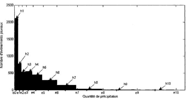 Figure 2  Exemple d'un histogramme de distribution empirique des quantités de  précipitations 