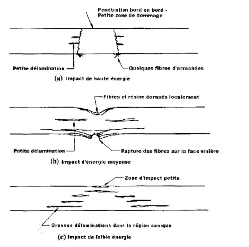 Figure 7  Mode de défaillance dans les  stratifiés résultant d'un impact [2] 
