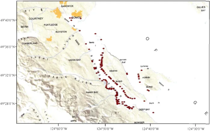 Figure 4.  Carte  indiquant  les  sites  d 'aquac ulture  (points  rou ges) dans  le  Bay nes  Sound  (tirée de BC  She llfish  Grower's Associatio n, 20 14)