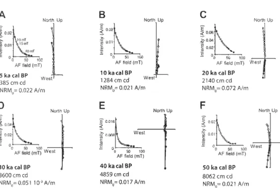 Figure  1.  6.  Typical  demagnetisation  curves  and  orthogonal  projections  for  the  pelagic sediment from  Laguna Potrok Aike at A)  5 ka cal BP, B)  10 ka  cal BP,  C)  20  ka cal  BP,  D)  30  ka  cal  BP ,  E)  40  ka  cal  BP,  F)  50  ka  cal  B