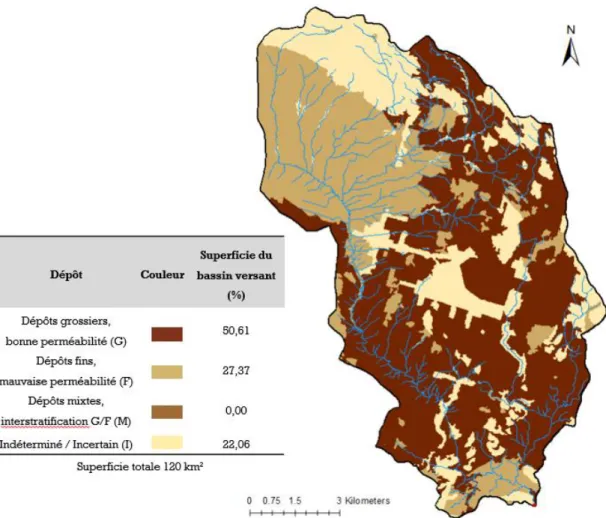 Figure  1.2    –  Dépôts  de  surface,  bassin  versant  de  la  rivière  Caribou  (Modifié  de  :  Ministère des Forêts de la Faune et des Parcs, 2015) 