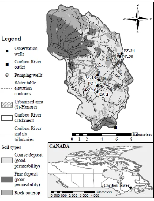 Fig. 2.2 - Caribou River catchment soil types, location of the six observation wells and  water table elevation contours 