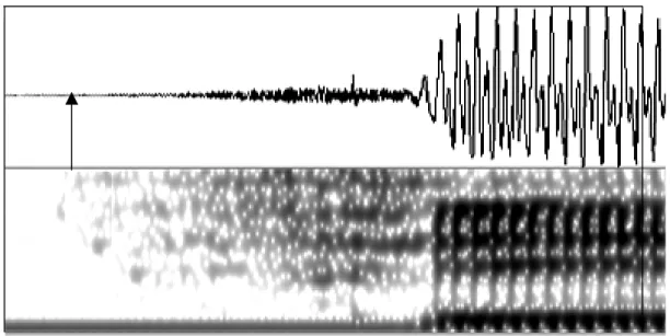 Figure 2.2  Le signal et le spectrogramme (échelle : 0 – 5KHz)  illustrant une des réalisations de la fricative /f/ dans [fid] « donne » en position initiale absolue