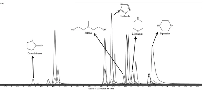 Figure 19.  EIC des 18 standards superposés de la meilleure condition de phase  mobile (5% EtOH dans les deux éluants) pour la colonne Luna CN avec certains  analytes  indiqués  sur  le  chromatogramme