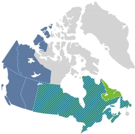 Figure 2 - Aire de répartition de l'Aralia nudicaulis (Bleu) et de  l'Aralia hispida (Vert) au Canada 