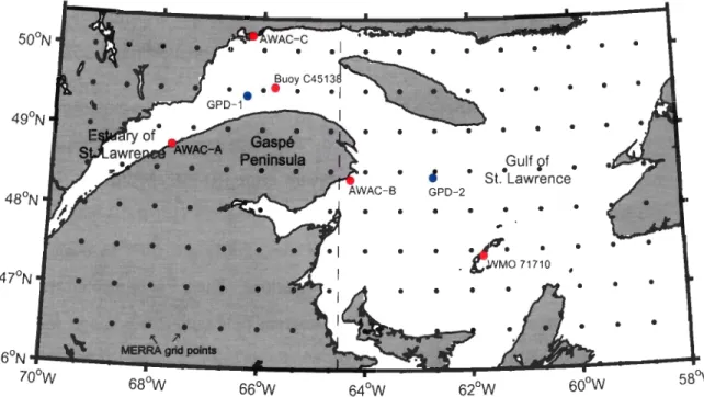 Figure  1:  Map  of MERRA grid  points  over the GSL, localization of the different  validation  datasets (red), the two GPD validation sites (blue) and the delirnitation of both U  10  correction  factors application domain (dashed line)