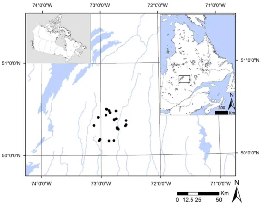 Figure  1 \ la p of the st udy  area . Black dots represent  t he sample sit es,  blue  lines  and  polygons  represent  rivers  and  standing  waterbodies,  respect ively