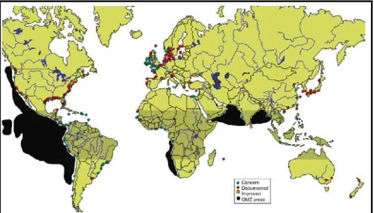 Figure  1 :  Distribution globale  des  principales  zones  à  minimum  d’oxygène  (OMZ)  (cercles  noirs),  des  systèmes  menacés   par l’hypoxie (cercles bleus), des systèmes où l’hypoxie est documentée (cercles rouges), et des régions où l’hypoxie est 