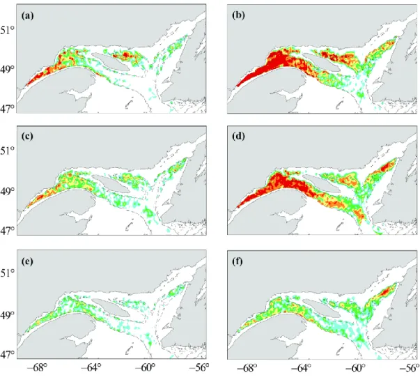 Figure  6 :  Variations  in  spatial  distribution  of Greenland  halibut  in  the  estuary  and  Gulf   of St