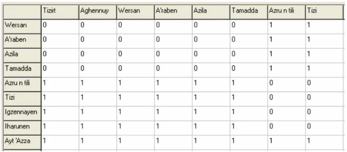 Tableau 4 : Extrait de la matrice de distance binaire pour le lexème « talon » 