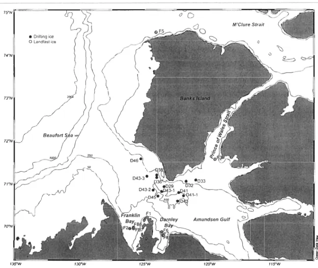 Fig.  1.  Locations of  sampling stations  in the  Canadian Beaufort Sea during the International  Polar Year-Circumpolar Flaw Lead  system study,  March  to  June  2008 