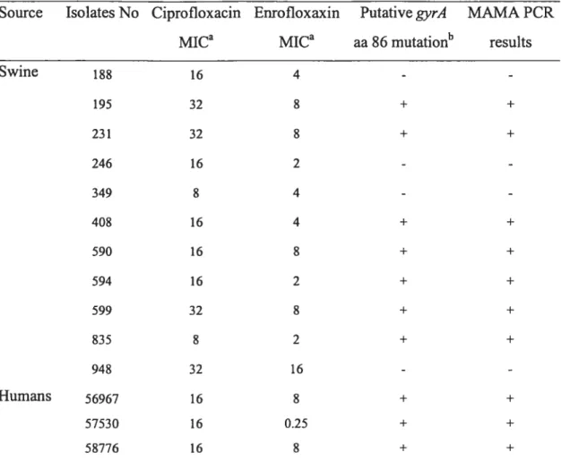 Table 3. Mutations in the gyrA QRDR region of C. cou isolates and MICs to ciprofloxacin and enrofloxacin