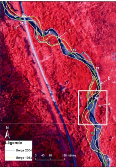 Figure 3.4 : Évolution  historique du tracé en  plan  de  la  rivière  de l'Anse Pleureuse dans la  section  à  l'étude,  tracés  de 1963  et  2004  sur  photo  aérienne  infrarouge de  2004