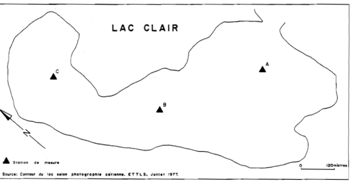 Figure  1.11  Les  stations  de  mesure  des  profils  de  temperature  sur  le  bassin  ouest  du  lac  Clair