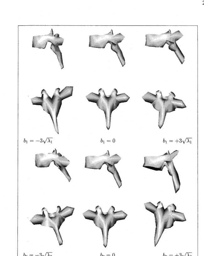 Figure 3  Visualization of mean shape (middle row) from the sagittal (top row) and coro- coro-nal  views  (bottom row),  and two  deformed shapes  obtained by  applying  (±3  standard  deviations  of the  first  and  second  deformation  modes  to  the  me