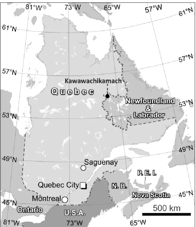 Figure 3.3: Localisation de la Nation Naskapie de Kawawachikamach (source : Marc Girard,  et Morgane Bonamy, département de géographie, Université de Montréal, 2019)