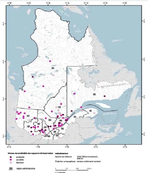Figure  3.8:  Emplacements  d‘observations  de  Carcajou  au  Québec,  2000  à  2012  (Source  :  Environnement Canada 17 )