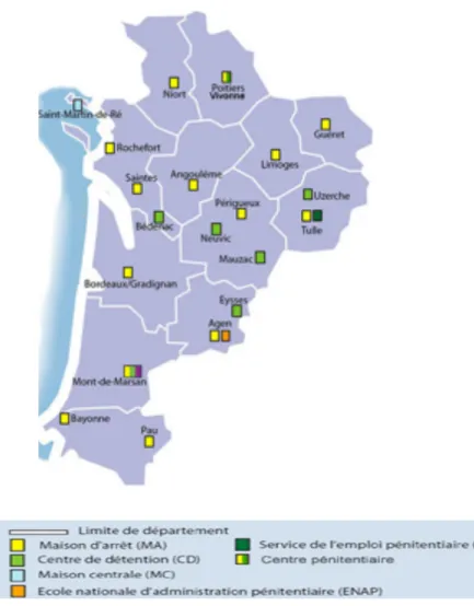 Figure 6 : Carte des établissements pénitentiaires - DI de Bordeaux
