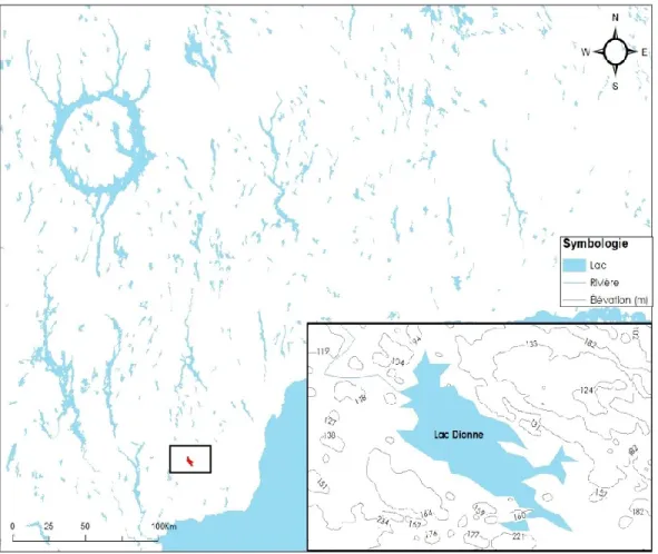 Figure 1. Localisation du site d’étude du lac Dionne (49° 36’ N ; 67° 54’ W) situé à une  soixantaine de kilomètres de Baie-Comeau dans la région administrative de la Côte-Nord  au nord-est du Québec, Canada