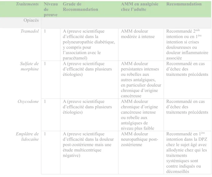 Tableau 4 (suite)  Synthèse des traitements médicamenteux pour le traitement des douleurs neuropathiques et libellé de  l’AMM