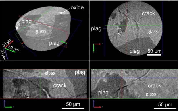 Figure 2.4:  3D visualization and three orthogonal 2D slices of an ex situ nanoCT scan  of a region of interest within a starting material sample
