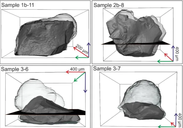 Figure 2.5: 3D representation of 4 representative samples of melt + crystals + bubbles