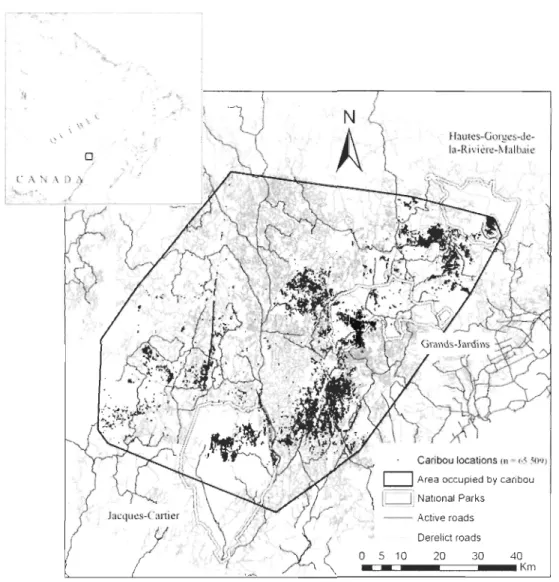Figure  1.1.  Study  area  in  Charlevoix,  Québec,  Canada,  showing  the  road  network  created  largely  for  resource  extraction  in  the  regi on
