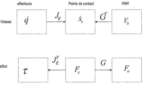 Figure 4  Diagramme relationnel entre les points de contact et le centre de masse de  l'objet (vitesse,  effort) 