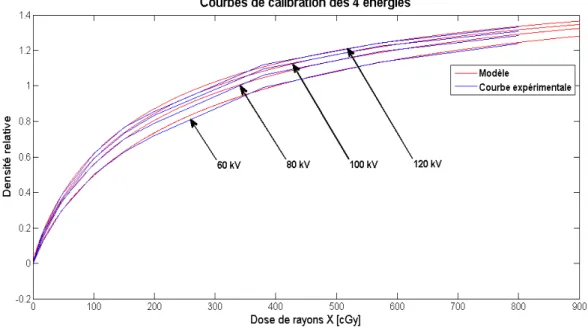 Figure 3.8: Courbes de calibration (bleu) et courbes expérimentales (rouge).