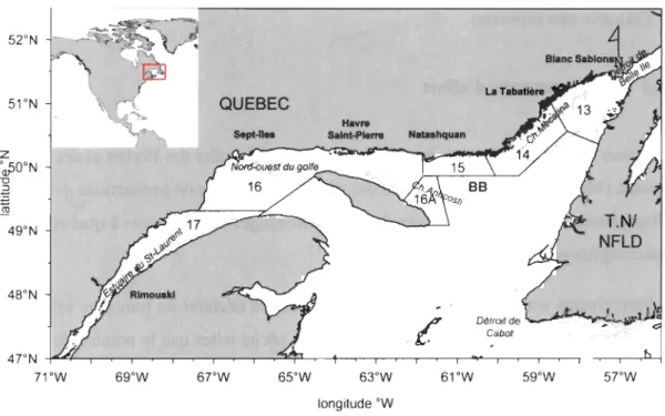 Figure  1:  Illustration  du  golfe  du  Saint-Laurent  et  des  principales  zones  de  gestion  de  la  pêche  au  crabe  des  neiges  de  l 'estuaire  et  du  nord  du  golfe