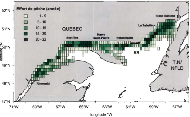 Figure  3:  Di stribution  géographique  de  l 'effort  de  pêche .  Le  no mbre  d'années  d'exploitation  est  calculé  pour  chaque  unité  spatiale