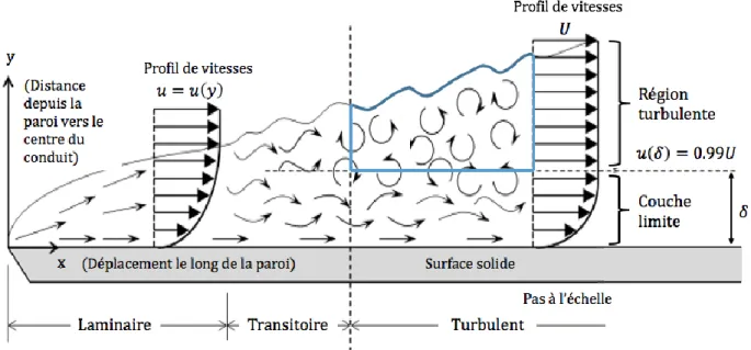 Figure 16 – Développement de la région turbulente d’un écoulement à surface libre par  rapport à son profil de vitesses vertical et de sa distance avec la paroi (Schobeiri, 2010) 