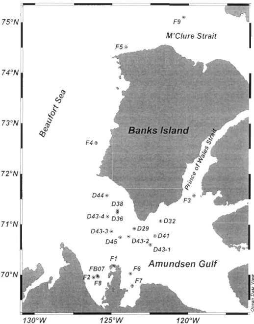 Fig.  2-1  Map  of sea  ice  sampling  stations.  Station  symbols  starting  with  D  signify drifting  ice  and  F  landfast ice