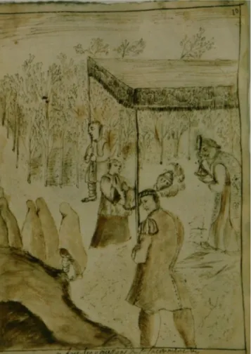 Figure 2: Claude Chauchetière, On fait la procession du  St Sacrement, 168?, Encre et lavis sépias, 20 cm x 15,5  cm, Archives départementales de la Gironde, Bordeaux