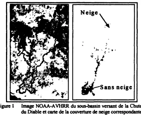 Figure 1  Image  NOAA-A VHRR du  sous-bassin versant de  la Chute  du Diable et  carte  de la  couverture de  neige  correspondante 