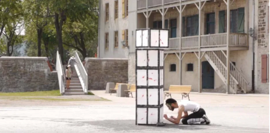 Figure 2.22 Philip Després, Faire remonter la poussière sur la destruction de l’œuvre en poussière,  Place de Paris, Québec, 7 juillet 2015