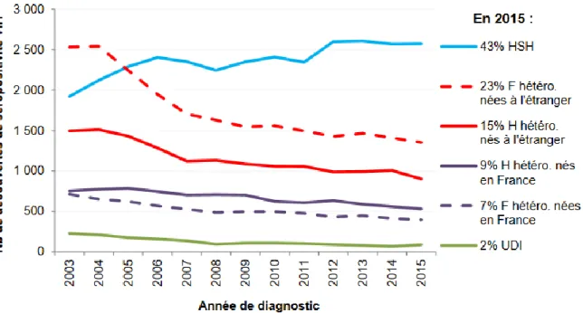 Figure 15. Nombre de découvertes de séropositivité VIH par mode de contamination, sexe,  lieu de naissance et année de diagnostic