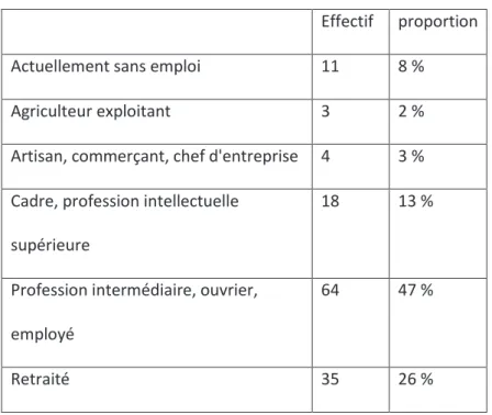 Tableau 1 : Catégorie socio-professionnelles des patients de l’étude 