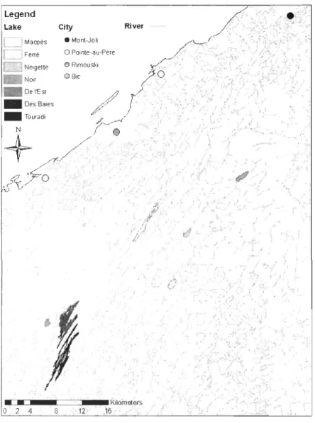 Figure  1:  Map of  the seven lakes sampled for the study in the Bas-St-Laurent region 