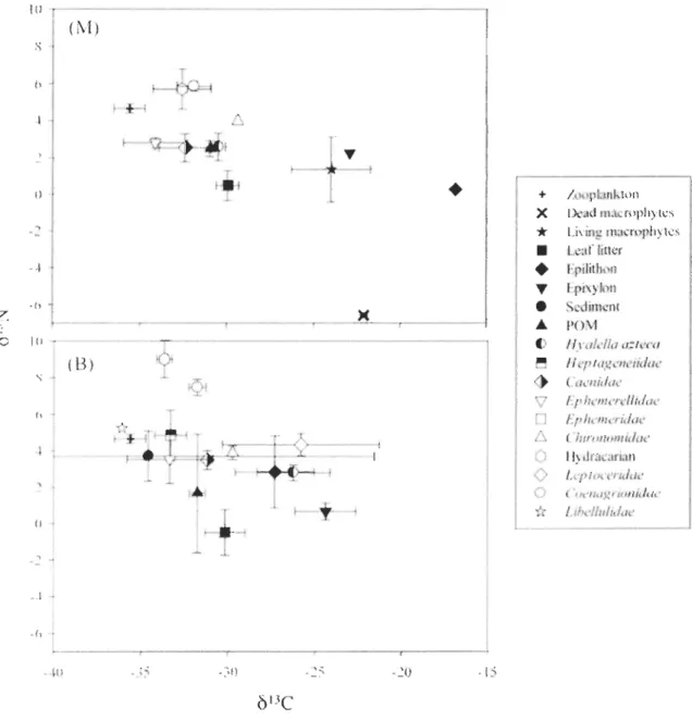 Figure 2.  8 13 C and  8 1s N  ofpotential  food  sources  and  consumers  for the lake Noir at  sites with (M) and without (B) macrophytes