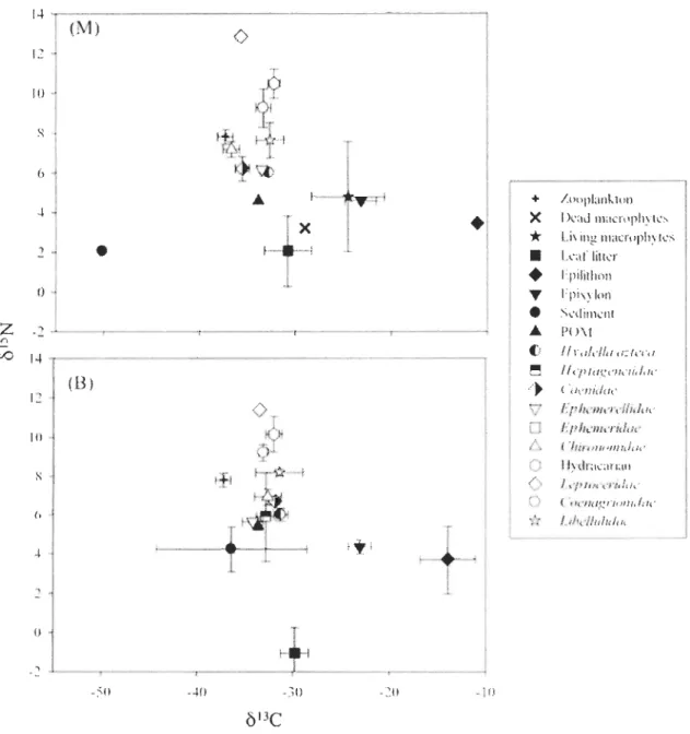 Figure 3.  ol3e  and  Ol5 N ofpotential food  sources and consumers for the lake Neigette  at sites with (M) and without (B) macrophytes