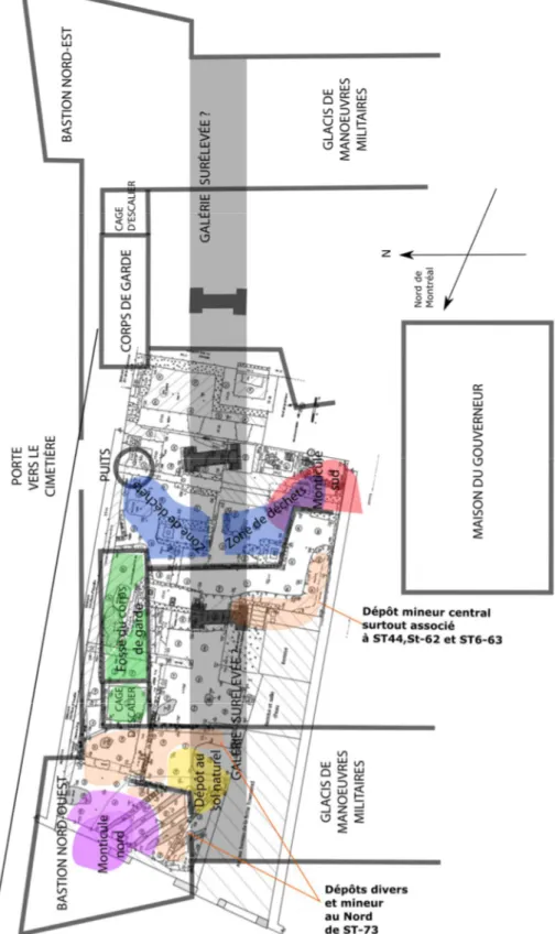 Figure 2. Reconstruction proposée du fort de Ville-Marie, montrant aussi les  concentrations d'artéfacts (céramiques) associés au fort 