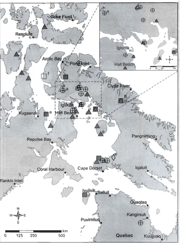 Figure  2. Distribution  of female  Greater Snow  Goose  molting  sites  in  2007  (0),  2008  ($),  2009  (11)  and  2010  (0 )
