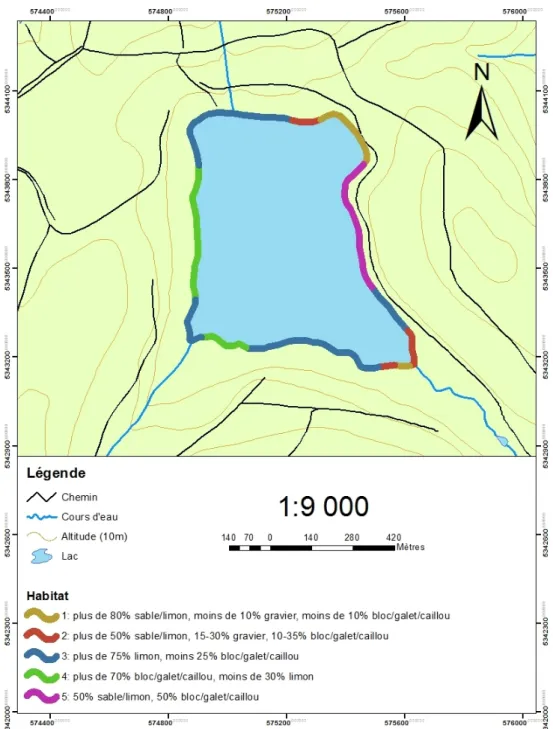 Figure 3. Localisation des sites potentiels de frai de l’omble de fontaine sur les rives  du lac Grand Ouellet