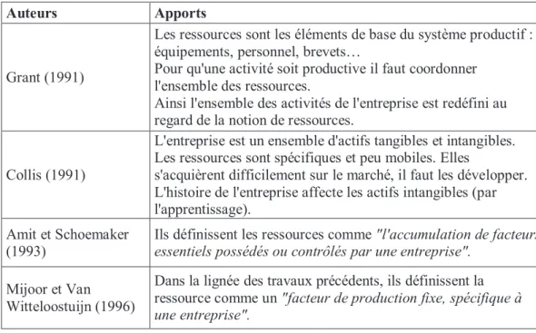 Tableau 2.1. : Définitions de la ressource dans les années 1990 (adapté de Métais, 2004) 