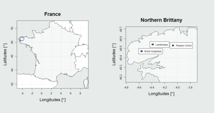 Figure 2.1: Three weather stations in northern Brittany (France) with hourly winter precipitation records from 1995 to 2011.