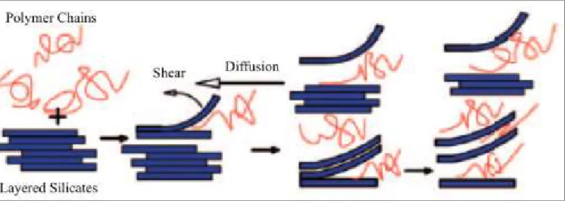 Figure 2-7 Schematic of melt intercalation method  reproduced from (Ray and Okamoto 2003)  2.2.6  Effect of nanoclay on electrical properties of polymers 