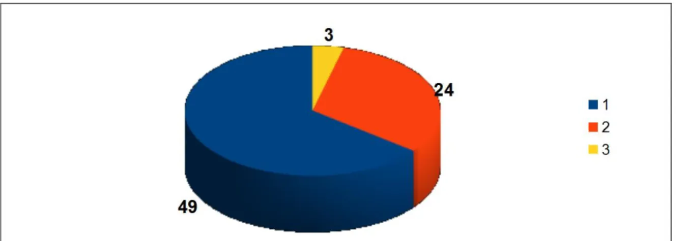 Figure 2 : nombre de passage à l'hôpital de jour de la clinique du Grésivaudan. N = 76  En bleu : 1 passage