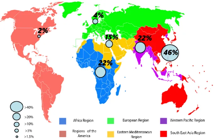 Figure 2 - Prévalence globale de la colonisation à E-BLSE au sein de la population humaine dans  le monde (d’après Karanika et al.) (25)
